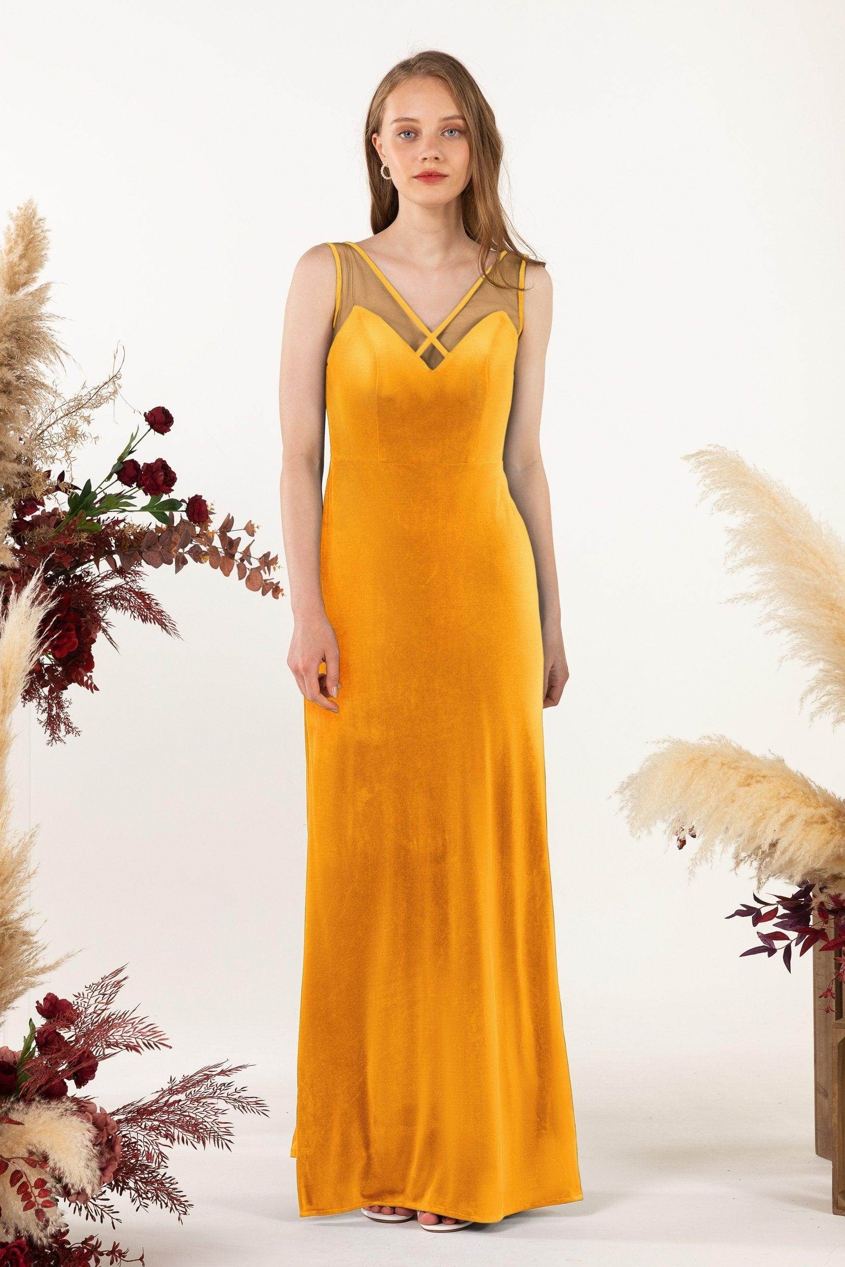 Sheath-Column Floor Length Velvet Bridesmaid Dress Formal Dresses CB0532 - COCOMELODY